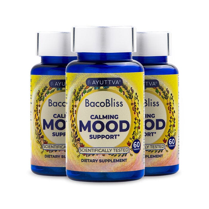 BacoBliss I Scientifically Tested Mood Support Formula I With 10+ powerful ingredients like Mucuna pruriens, Bacopa monnieri, 5-HTP and more for Calm, Relaxation and Occasional Stress Relief - Pack of 3 Supplements Ayuttva
