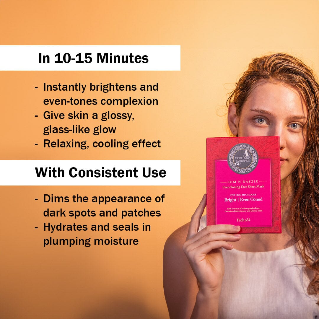 Dim N Dazzle Even-Toning Face Sheet Mask – Brightens, Hydrates Dull, Dry, Aging Textured Skin - Unique ‘Serum-Drench Method’ with Sappan Wood Bark & Manjistha – Best Banana Fiber Sheet Mask for Glowing, Glass-Like Skin Face Mask A Modernica Naturalis