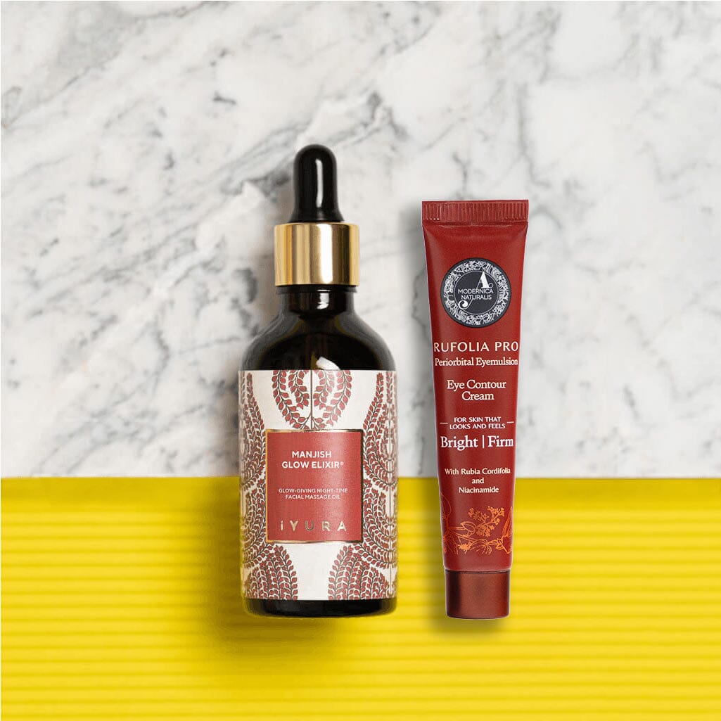 Manjistha Eye & Face Duo: Rufolia PRO Periorbital Eyemulsion and Manjish Glow Elixir Beauty set The Ayurveda Experience
