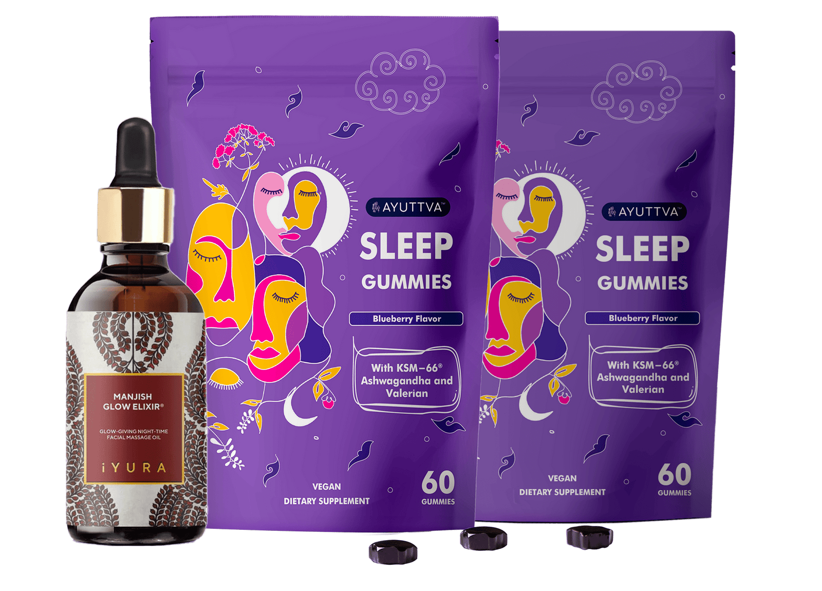 Nighttime Retreat Bundle for Women - Sleep gummies (Pack of 2) + Manjish Glow Elixir - Ayurvedic Night-Time Face Oil Beauty set The Ayurveda Experience