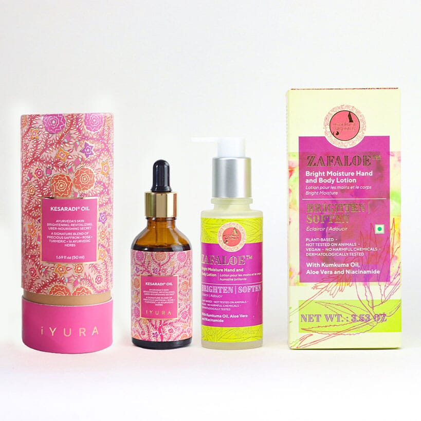 Saffron and Turmeric Body and Face Moisturizing Duo - Zafaloe Bright Moisture Hand and Body Lotion and Kesaradi Face Oil Beauty set A Modernica Naturalis