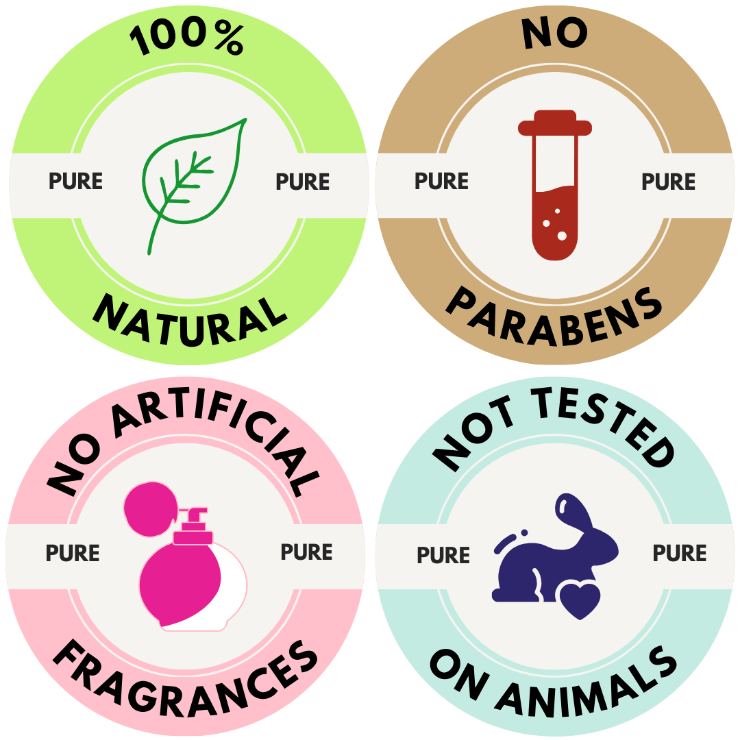Badges for 100% Natural, No Parabens, No Artificial Fragrances & Not Tested On Animals